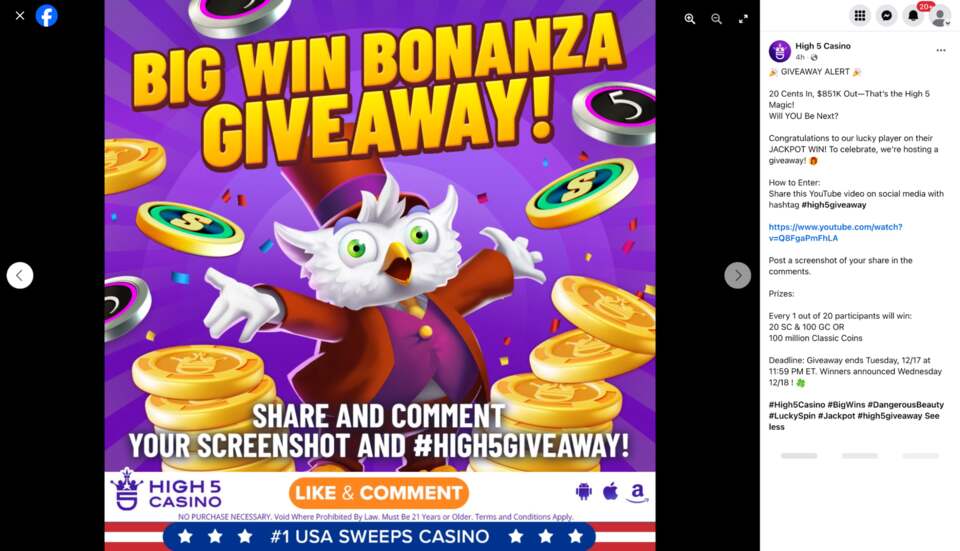 High 5 Casino social media free giveaway
