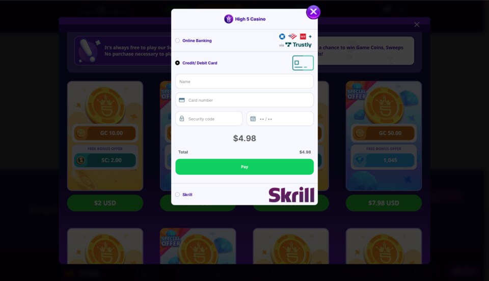 High 5 Casino Payment Process using a Credit Card