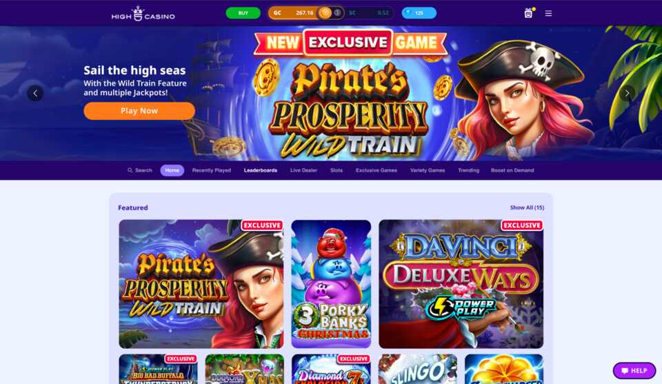 High 5 Casino Desktop Homepage featuring pirate-themed game at the top