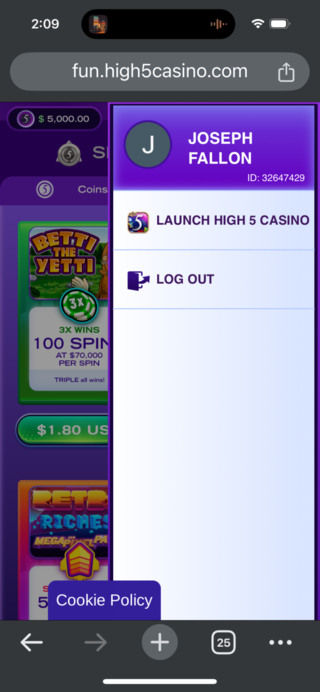 High 5 Casino Mobile Menu