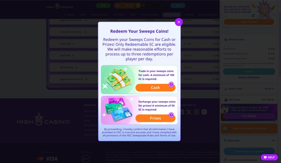 High 5 Casino Redemption Screen