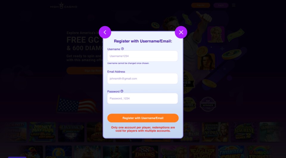 High 5 Casino registration screen for email