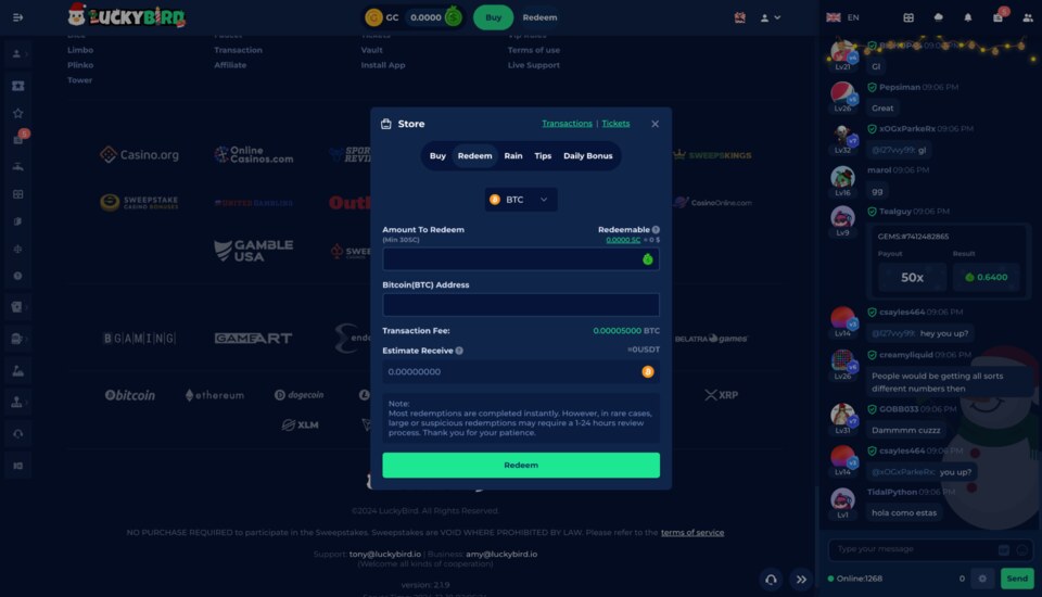 LuckyBird Redemption popup