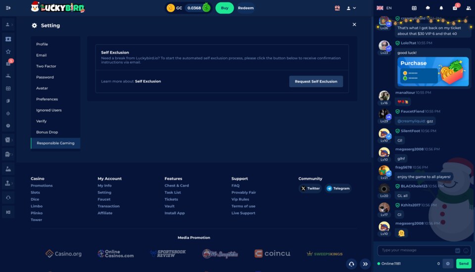 LuckyBird Self Exclusion responsible gaming tool
