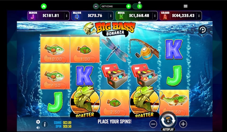 'Big Bass Bonanza' popular slot game at Crown Coins casino
