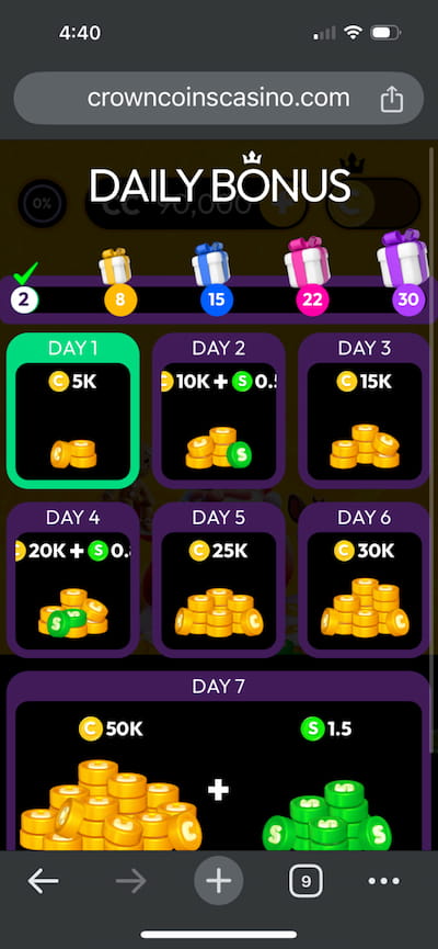 Showing the mobile experience at Crown Coins casino