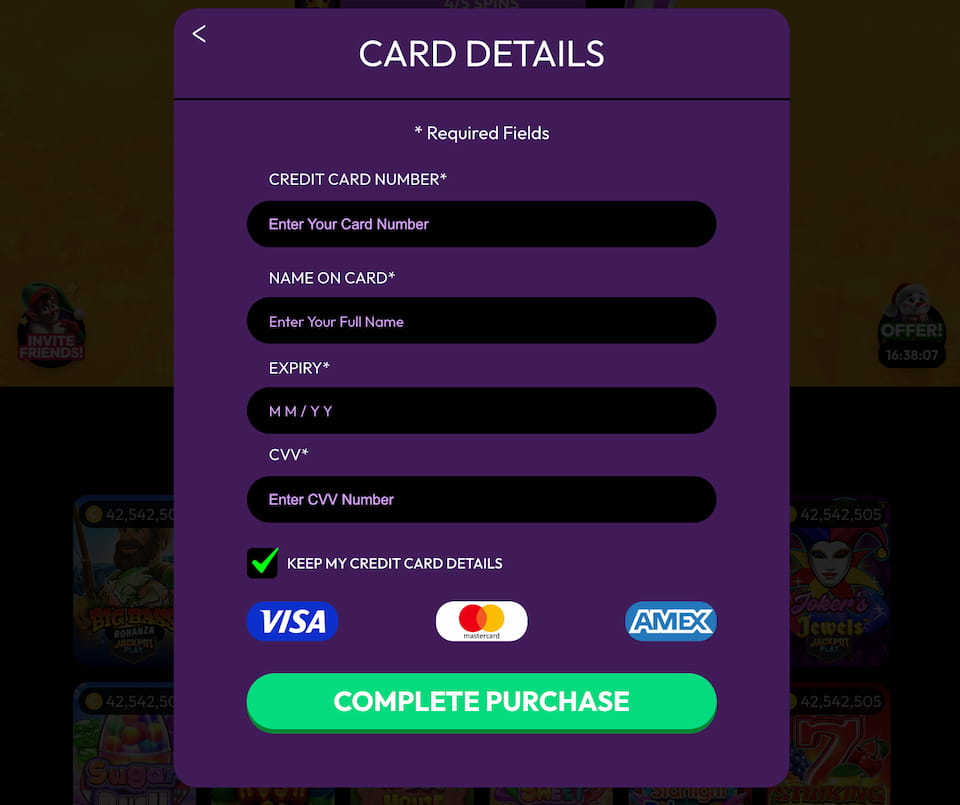 Credit card payment method screen at Crown Coins casino