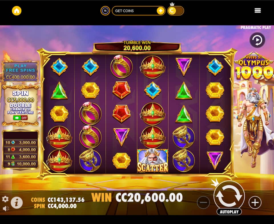 'Zeus' slot game at Crown Coins casino