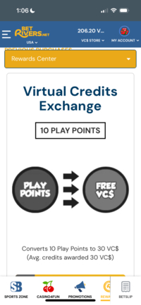 BetRivers.net Mobile Virtual Credits Exchange Screen