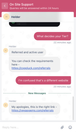 Vegas Gems Support Chat Window