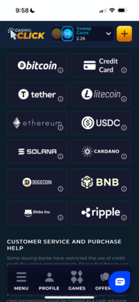 Casino.Click Mobile Crypto menu