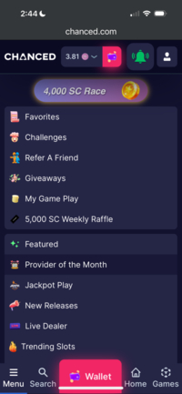Chanced Casino Mobile Menu