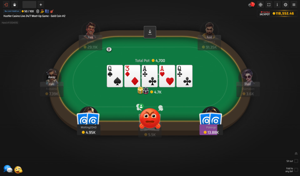 Clubs Poker Table with a user with an angry face