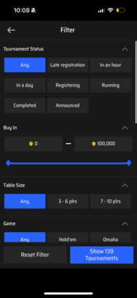 Clubs Poker Mobile Filter View