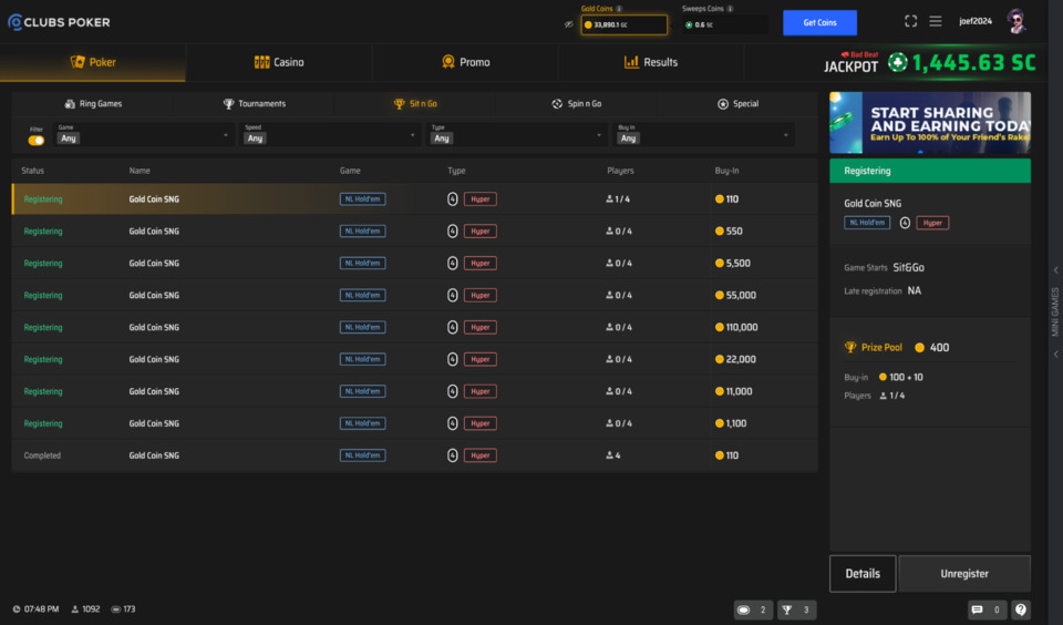 Clubs Poker Sit n' Go