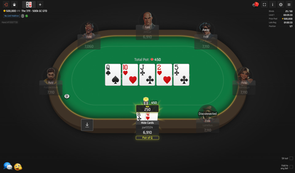 Clubs Poker digital table - win with a pair of queens