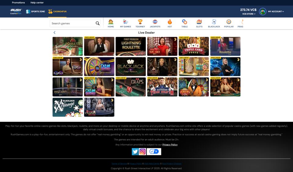 Rush Games Live Dealer Menu