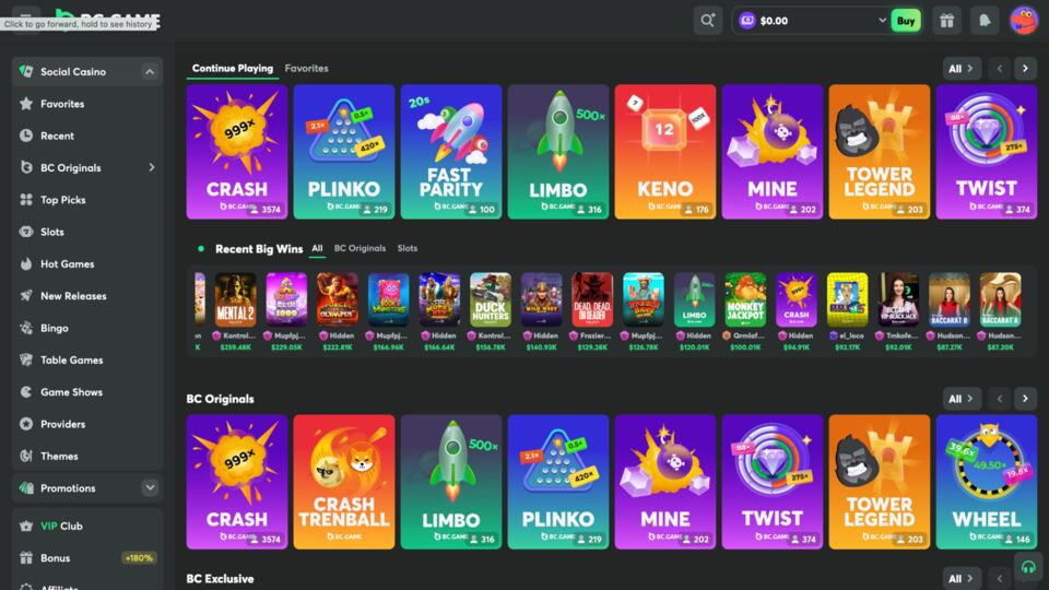 BCGAME.us Crypto Sweepstakes Casino Homepage