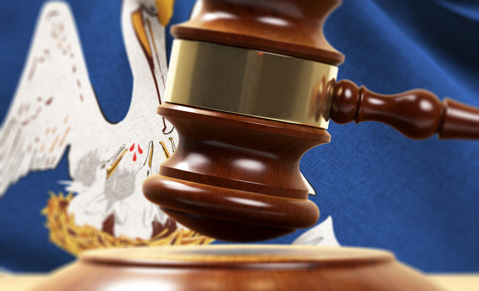 Wood gavel in front of the Louisiana flag