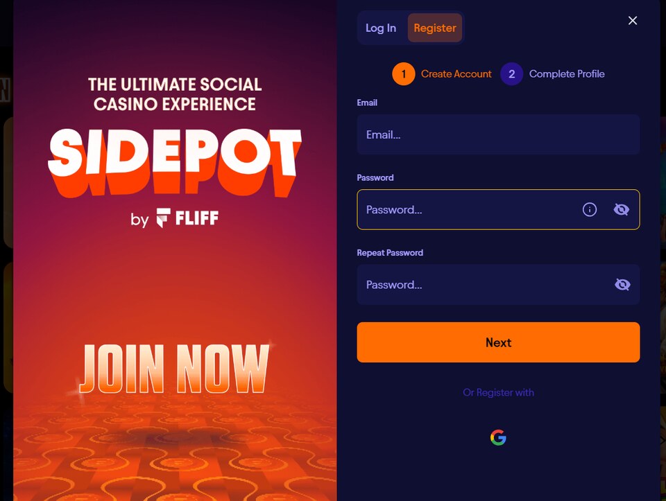 Sidepot signup screen