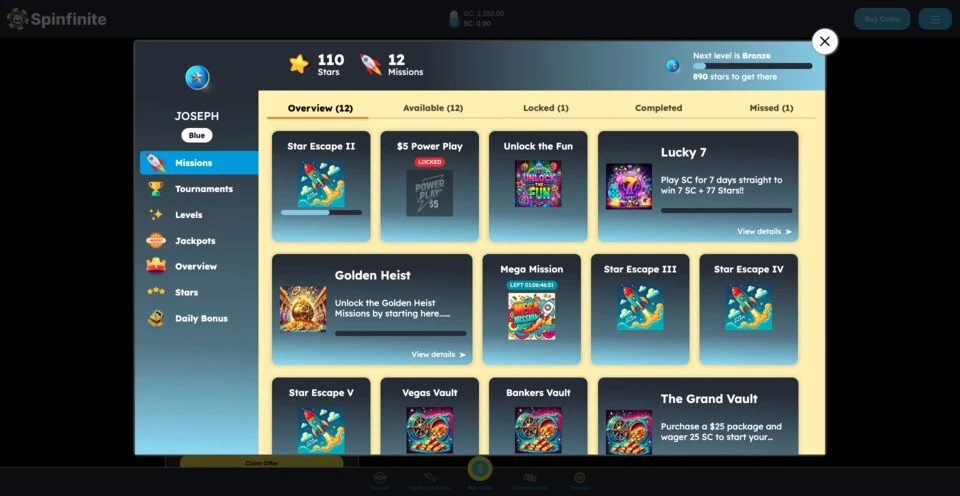 Spinfinite Daily Missions Screen
