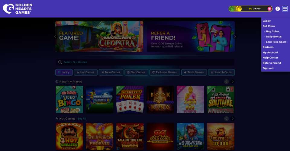 Golden Hearts Games Menu