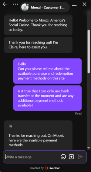 Moozi Chat support screen