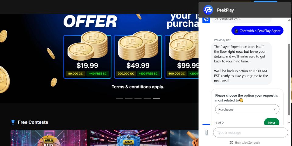 PeakPlay Support Chat