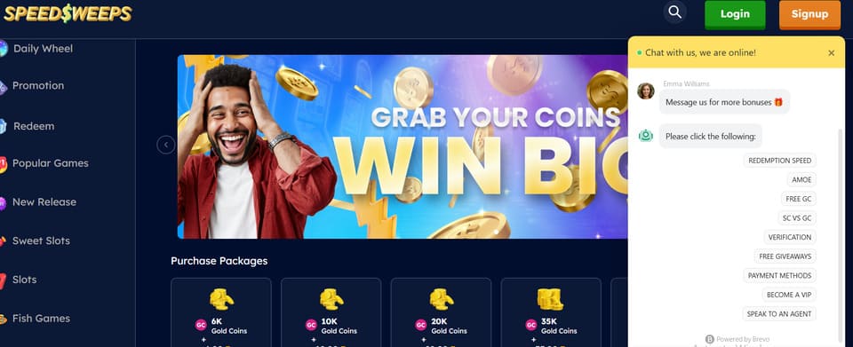SpeedSweeps Purchase page with chat window open