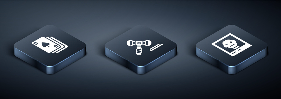 Three buttons with a Set Isometric Playing cards, Wanted poster and Judge gavel icon.