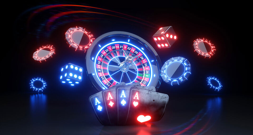 Luxury Casino Roulette Wheel and Four Aces Poker Cards