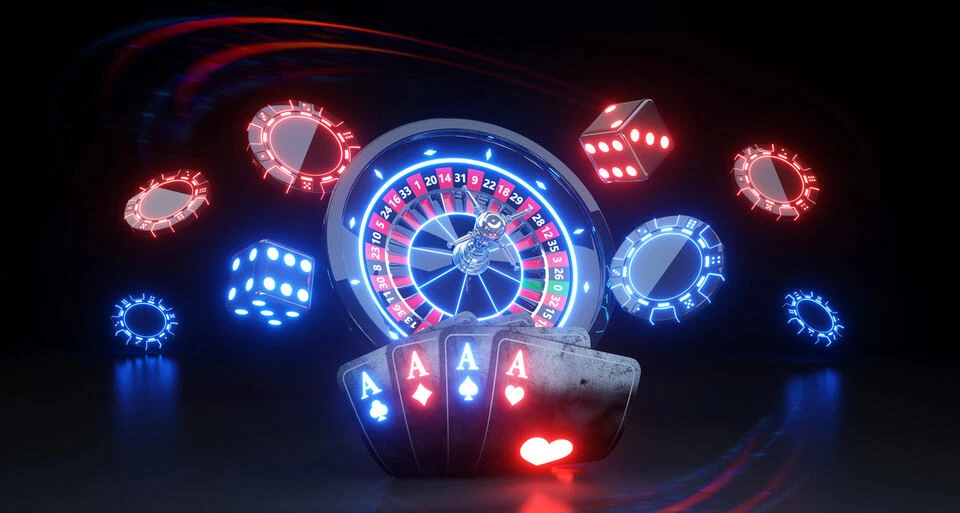 Luxury Casino Roulette Wheel and Four Aces Poker Cards