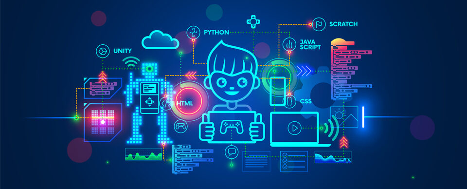 Game Coding Concept Neon and Wireframe Aesthetics