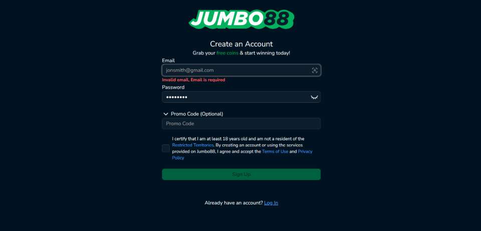 Jumbo88 Register Screen