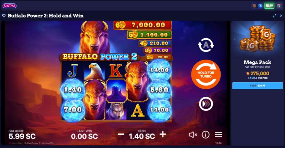 Buffalo Power 2 Slot Game at Sixty6 Sweeps Casino