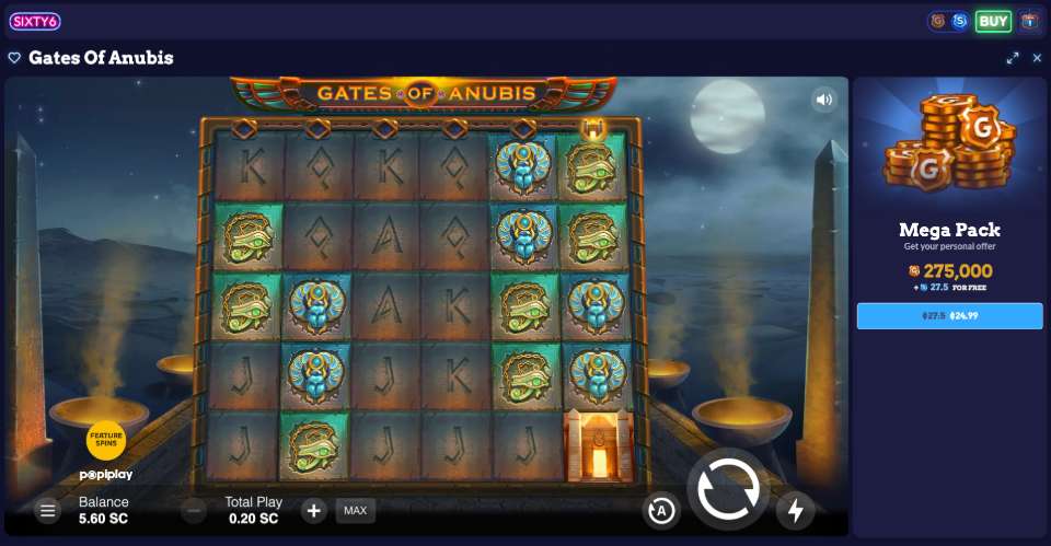 Gates of Anubis Slot Game at Sixty6 sweeps casino