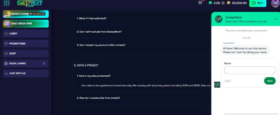 SweepNext Live Chat Help