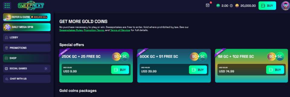 SweepNext Get More Gold Coins Screen