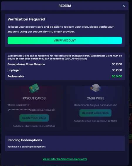 SweepNext Redeem Screen