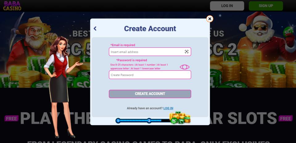 Baba Casino Create Account popup