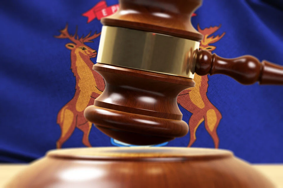 Wood Gavel Standing Front Of the Michigan Flag