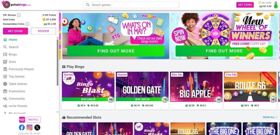 Desktop Homepage of Pulsz Bingo Sweepstakes Casino