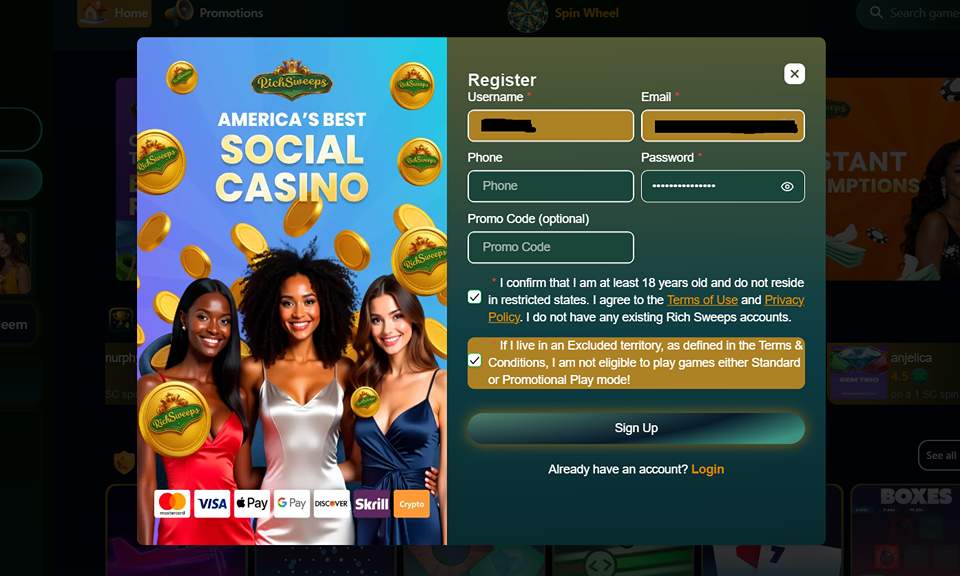 Rich Sweeps Signup Screen