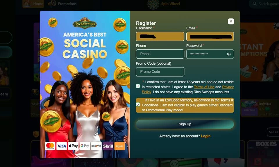 Rich Sweeps Signup Screen