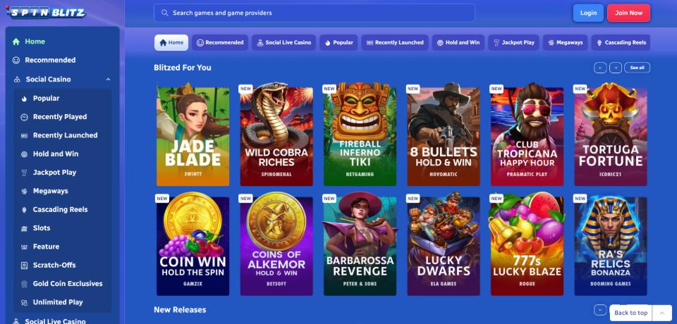 SpinBlitz Desktop Home Page