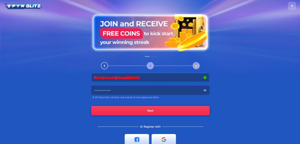 SpinBlitz Sweepstakes Casino Signup Screen
