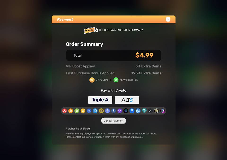 Stackr Casino Order Summary