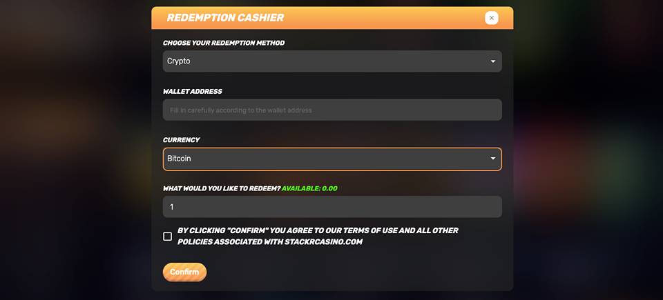 Stackr Casino Redemption Cashier