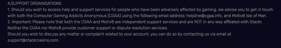 Stackr Casino Mobile Responsible Gaming Support