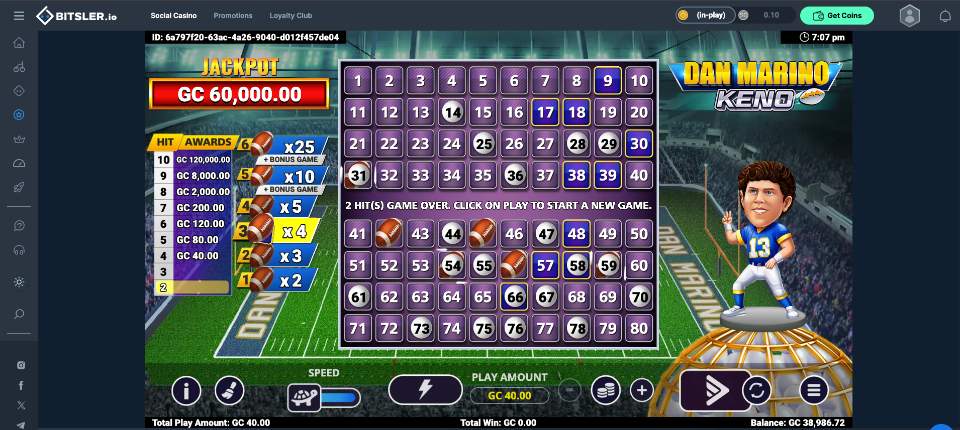 Bitsler.io Casino Dan Marino Keno